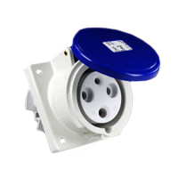 Pin and Sleeve Receptacle Outlet Devices 888-560306 IEC 60309 Panel Mount Receptacle Angled Type, IP44 Rated, 60A 250V, 63A 200-250V, 6H, IEC 309 International Pin and Sleeve Devices 